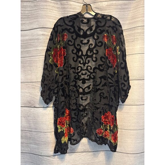 Do Everything In Love Sheer Black Rose Kimono Jacket OS - Picture 3 of 3